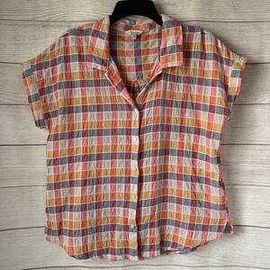 Lucky Brand Colorful Pastel Plaid Button Up blouse Short Sleeve Size M